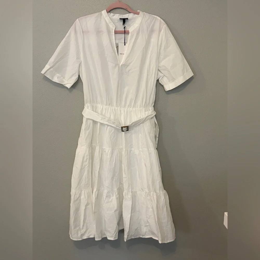 White cotton belted tiered midi vacation sundress short sleeve casual resortwear - Picture 2 of 6